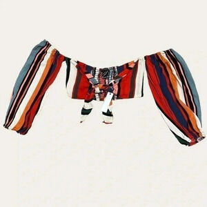 Olivaceous Women’s Tie Front Off The Shoulder Crop Top Stripe Size Small
